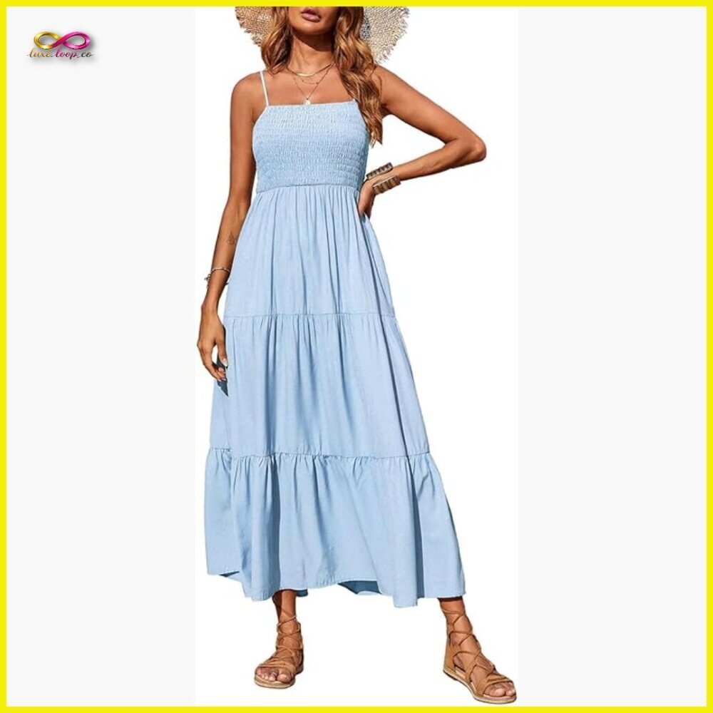 Boho Maxi Dress Smocked Tiered Spaghetti Strap Casual Beach Sundress Elegant